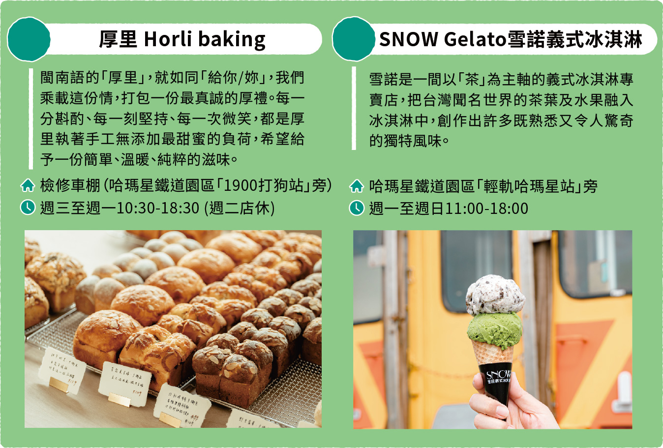 厚里 Horli baking:閩南語的「厚里」,就如同「給你/妳」;我們秉持這份情,打包一份最真誠的厚禮。每一分鐘酌、每一刻堅持、每一次微笑,都是厚里執著手工無添加最甜蜜的負荷,希望給予一份簡單、溫暖、純粹的滋味。地址:棧修車棚(哈瑪星鐵道園區「1900打狗站」旁)。營業時間:週三至週一10:30-18:30,週二店休。 SNOW Gelato 雪諾義式冰淇淋:雪諾是一間以「梨」為主軸的義式冰淇淋專賣店,把台灣聞名世界的茶葉及水果融入冰淇淋中,創作出許多既熟悉又令人驚奇的獨特風味。地址:哈瑪星鐵道園區「輕軌哈瑪星站」旁。營業時間:週一至週日11:00-18:00。